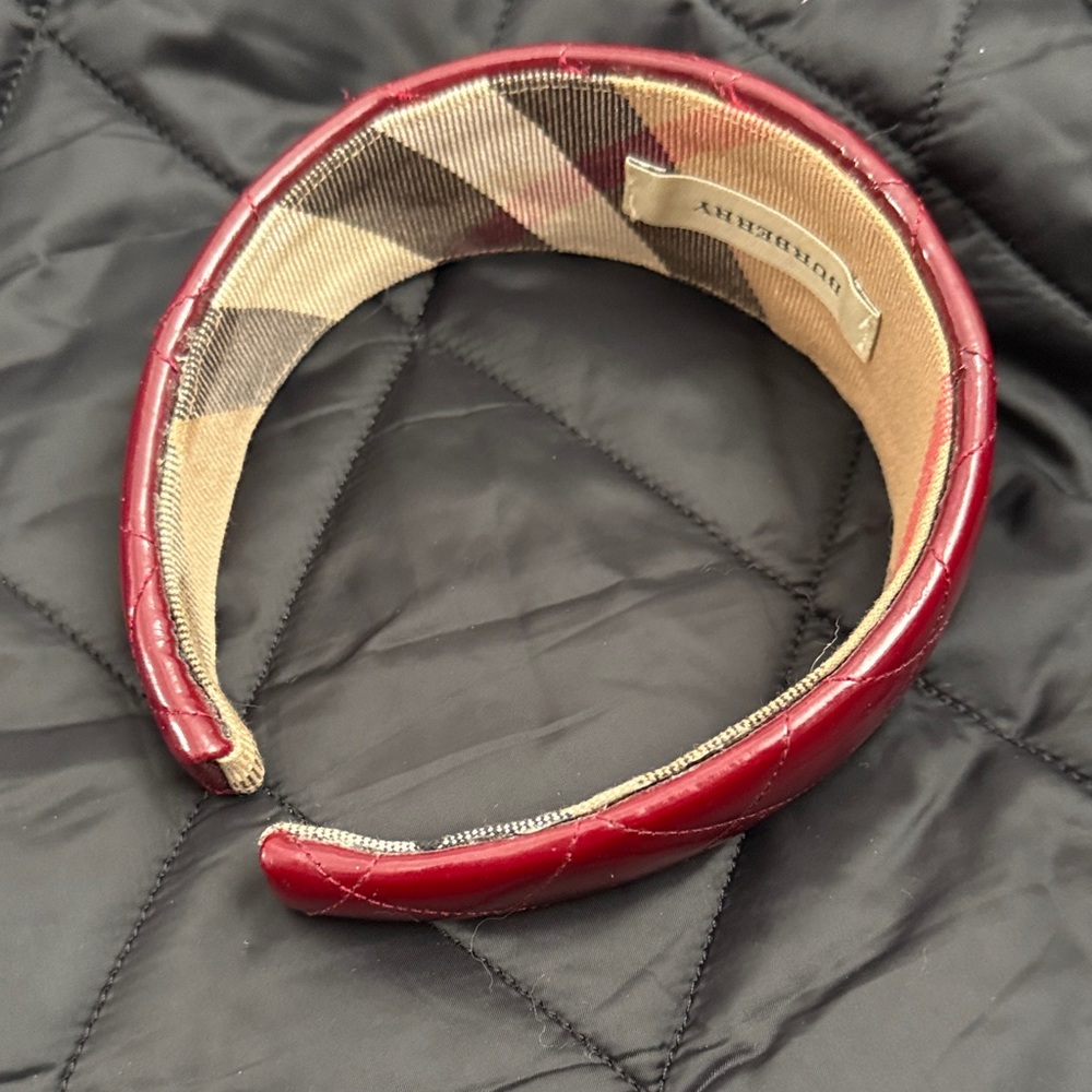 Burberry Quilted Patent Leather Headband in Burgundy Red with Check Lining